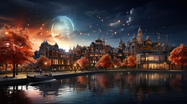 fireworks in the gaps of the buildings with huge planets in the sky glowing
