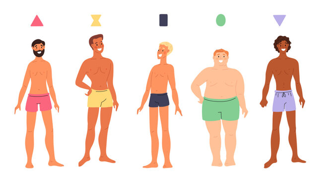 Human body shapes types. Male figures different proportions. Guys in underwear. Cartoon people appearance. Men in bikini. Inverted triangle, rectangle and sand molds. Garish vector set