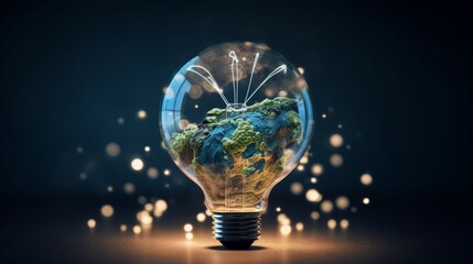 An image of a glass globe with a glowing filament made of interconnected renewable energy icons, symbolizing the interdependence of clean power sources