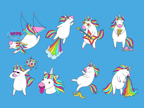 Goofy cartoon unicorns. Funny dumb magic unicorn face, failure fall and rainbow launch. Dabbing dance, fabulous rock star and crying horse vector illustration set