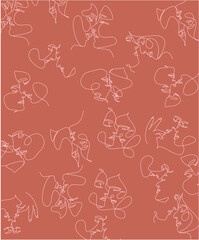 Continuous line drawing of faces, trendy minimalist concept, vector illustration. Modern fashionable pattern. Glamorous one line drawing of female and male faces in a seamless pattern.
