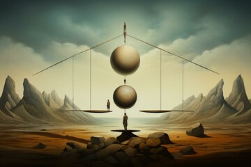 Artwork depicting surreal concept of balance. Generative AI - obrazy, fototapety, plakaty