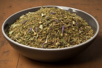 A blend of dried herbs from Provence including savory, marjoram, rosemary, thyme, oregano, and lavender leaves. Ideal for grilling and stews. Generative AI