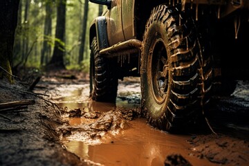 Fototapeta na wymiar Muddy off-road wheels on a muddy forest road. Generative AI