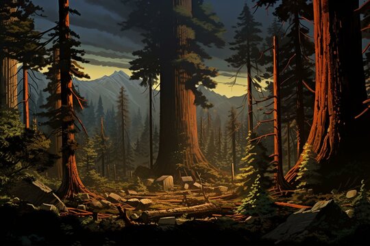 Artwork featuring Giant Sequoia National Monument in California. Generative AI