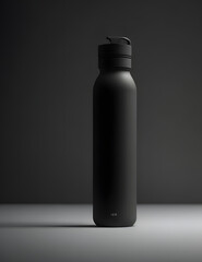 A minimalist composition featuring the translucent black glass water bottle on a clean, white surface with dark lighting, highlighting the sleek design and the protective sleeve.