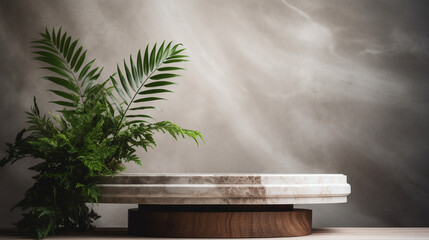 Nature's Wisdom: Stand for Plants on Wooden Podium against Serene Marble, Wooden podium, Marble background, Leaves,