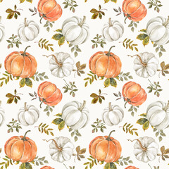 Fall seamless pattern with white and orange pumpkins. Watercolor botanical print. Autumn gourds on creme beige background.