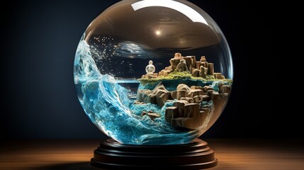  glass globe with miniature tidal turbines inside, emphasizing the potential of marine energy in coastal regions - obrazy, fototapety, plakaty