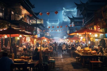 Foto op Plexiglas Vibrant and bustling night market street in China © Denis