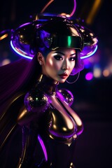 Fototapeta premium futuristic robot woman, anime style, crazy slick surfaces scatter light across wet mechanics, epic, vast, flower-filled, alluring, icy, majestic, Ava Gardner, Fay Wray, action-packed, psychological, m