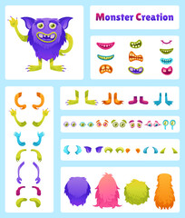 Cartoon monster creation kit. Creature characters constructor with monsters eyes, mouths, horns, bodies, hands and foots to create your own alien animal vector