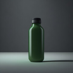 A minimalist composition featuring the translucent forest green glass water bottle on a clean, white surface with dark lighting, highlighting the sleek design and the protective sleeve.