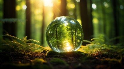 Glass globe emitting a warm, inviting light in a tranquil forest clearing, symbolizing the peacefulness of sustainable illumination - obrazy, fototapety, plakaty