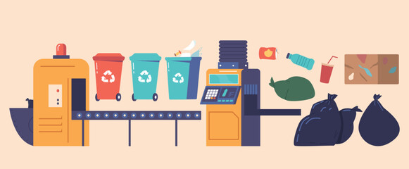 Garbage Processing Items Set. Conveyor Belt, Recycling Containers, Composting Bins, And Trash Bags, Vector Illustration