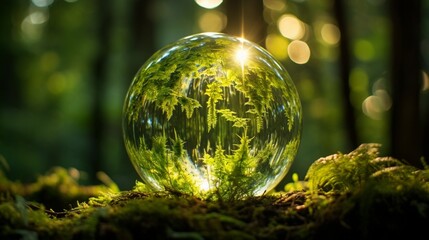 Glass globe emitting a warm, inviting light in a tranquil forest clearing, symbolizing the peacefulness of sustainable illumination