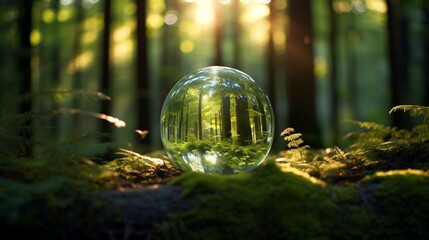 Fototapeta na wymiar inspiring picture of a glass globe emitting a warm, inviting light in a tranquil forest clearing, symbolizing the peacefulness of sustainable illumination