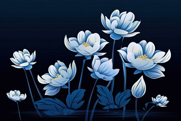 Obraz na płótnie Canvas Dark blue background, white flower silhouette, vector, flat design AI Generated