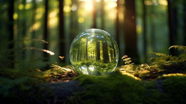  inspiring picture of a glass globe emitting a warm, inviting light in a tranquil forest clearing, symbolizing the peacefulness of sustainable illumination