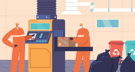 Characters Operate Garbage Processing Machines To Sort, Recycle, And Manage Waste Efficiently, Vector Illustration