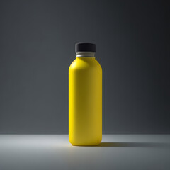 A minimalist composition featuring the translucent yellow glass water bottle on a clean, white surface with dark lighting, highlighting the sleek design and the protective sleeve.