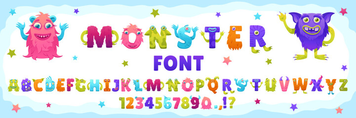 Cartoon monster font. Funny creatures ABC, playful crazy characters letters and numbers. Colorful alphabet symbols for kids vector set