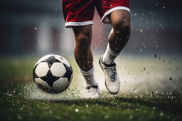 Picture of a sporty running man in soccer cleats sneakers on a muddy green field generative AI concept