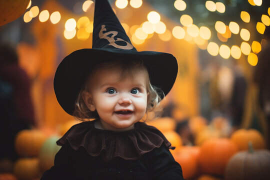 Little kid baby in witch costume celebrating first halloween holiday Generative AI picture