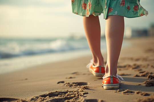 Close up generative AI photo of young girl in orange color sneakers walking along the seaside on a sunny summer day