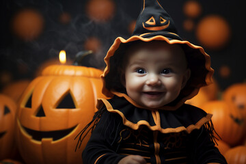 Little kid baby in witch costume celebrating first halloween holiday Generative AI picture