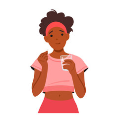Young Black Female Character Holding Drug. Woman Poised With A Pill In One Hand And A Water-filled Glass In The Other
