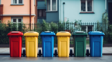 Garbage in colored trash cans with sorted garbage. Sorting garbage by material and type. Environmental protection, ecology