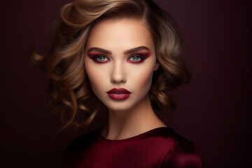 Generative AI portrait of fashion model brunette hair vogue vivid makeup over red maroon backdrop
