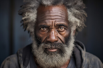 Generative AI close up portrait of old sad unhappy afro man looking straight into the camera - Powered by Adobe
