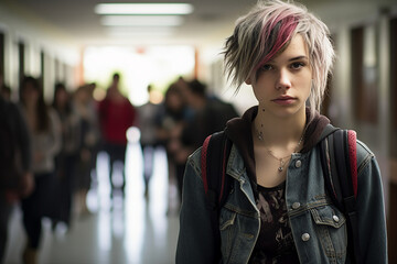 Photography of non binary teen person in school hallway with kids in the background generated by AI