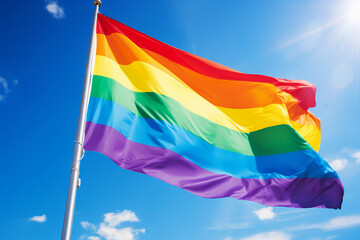 AI generative photography of bright colorful lgbt flag fluttering in the wind isolated on blue sky background