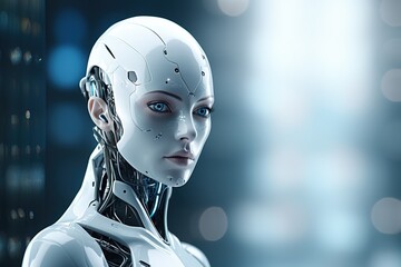 Portrait of a  robot in a white futuristic interior,Artificial intelligence concept.Generative Ai