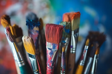 Fototapeta premium A bunch of brushes for painting with oil and acrylic paints. Artist paintbrushes in a artist studio.generative ai