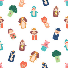 Playful Seamless Pattern with Colorful Finger Toys. Dog, Lion, Broccoli, King, Girl, Ape, Piglet or Penguin, Vector