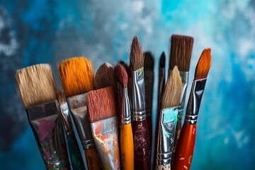 Fototapeta premium A bunch of brushes for painting with oil and acrylic paints. Artist paintbrushes in a artist studio.generative ai