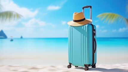 Blue luggage with palm trees on a sandy beach, View of a nice tropical beach, sea background, Holiday and vacation concept, Beautiful tropical island