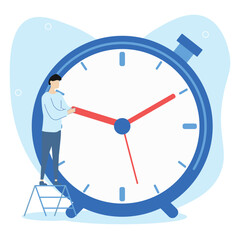 Business time management illustration. A young man manages his working time. Time management and schedule organization concept. Vector illustration.