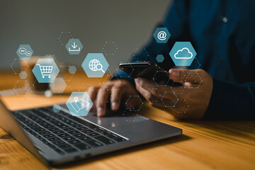 Digital marketing media, E-commerce, and online shopping concepts with icons like website ads,...