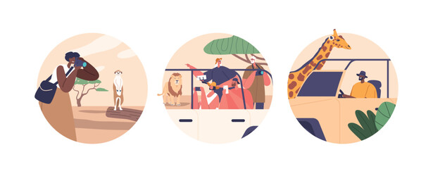 Isolated Round Icons or Avatars of Travelers on Safari, Embark On A Thrilling Jeep Expedition Across African Landscapes © Pavlo Syvak