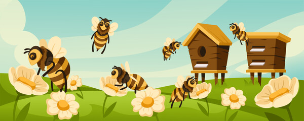 Cartoon apiary. Honey bees fly around hives and blooming flowers at flower meadow vector illustration