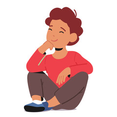 Young Boy Character Sitting On The Floor With A Big Smile On His Face, Radiating Happiness And Contentment