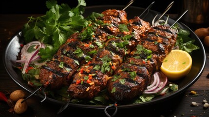 Grilled lula kebab with skewers on a plate of leaves and spices on the side view from above