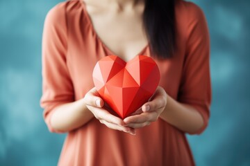 Woman holding a heart symbol against a solid color background - Generosity and Compassion - Loving Care - AI Generated