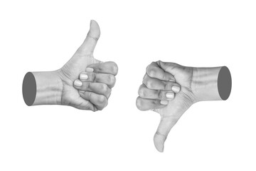 Female hands showing like and dislike gestures isolated on white background. Positive and negative...