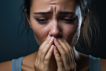Woman shedding a tear against a solid color background - Vulnerability and Emotion - AI Generated
